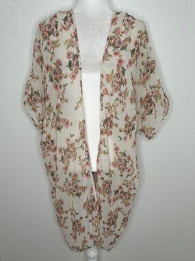 Live 4 Truth Womens Cream Floral Sheer Open Front Kimono Cardigan Size XL